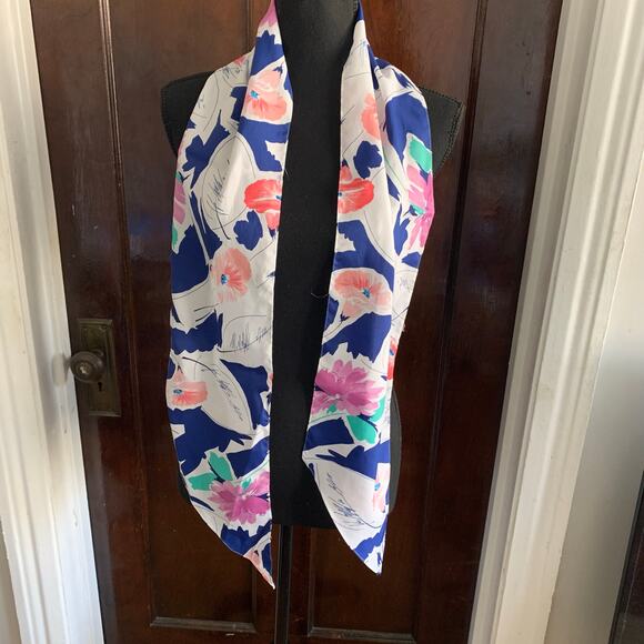 White and Multicolor Watercolor Flowers Euro Summer Oblong Scarf Symphony Scarfs - Picture 2 of 12